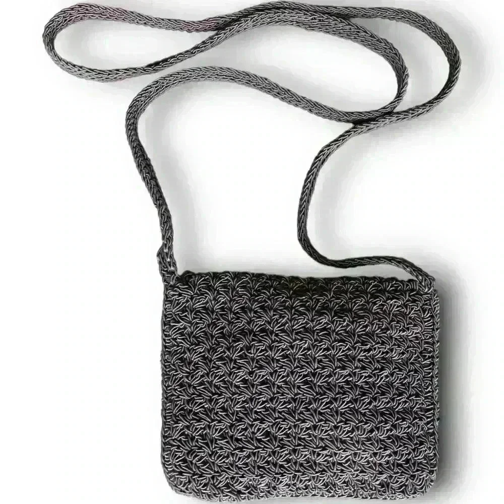 Vtg Gap Crochet Knitted Crossbody‎ Mini Purse Tote Snap Closure Flap Woven Grey - Picture 6 of 11